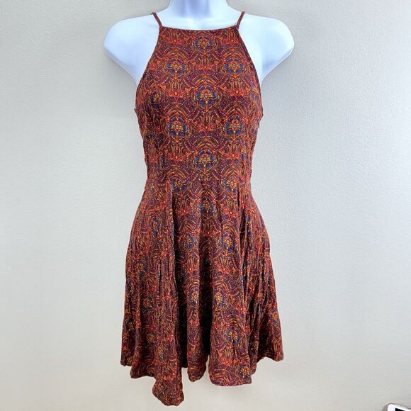 Abercrombie & Fitch Red Skater Mini Dress Fit-n-Flare Floral Boho Women's Sz S - Picture 1 of 11